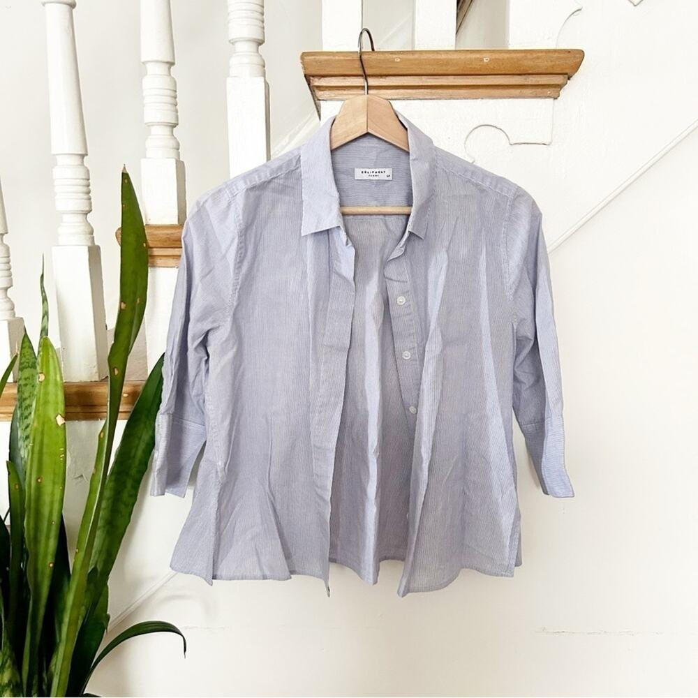 Equipment Femme Button Down Shirt Top Blue Striped 3/4 Sleeve Cotton Size S